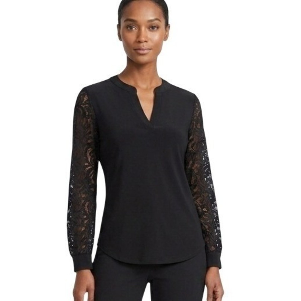 Kasper Blouse Womens Petite M Black Lace Sleeve Split‎ Neck Top Dressy Office
